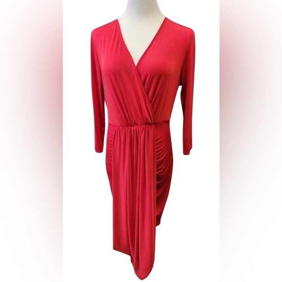 NWT CLUB L LONDON Sz 12 Red Jersey Overlay Stretch Sateen High Low Dress $130 - Picture 1 of 4